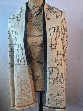 NWT Ruyisa Women's Shawl Jacquard Cat Scarf Oversized‎ Fringe Hem